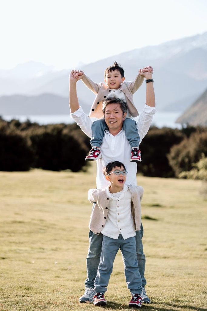 Singapore dad and sons during their trip in New Zealand having a family photoshoot in Wanaka
