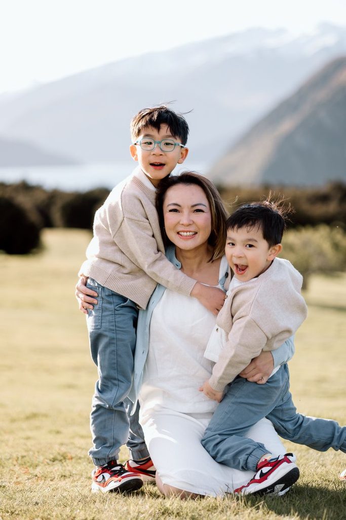 Singapore mum and sons during their trip in New Zealand having a family photoshoot in Wanaka